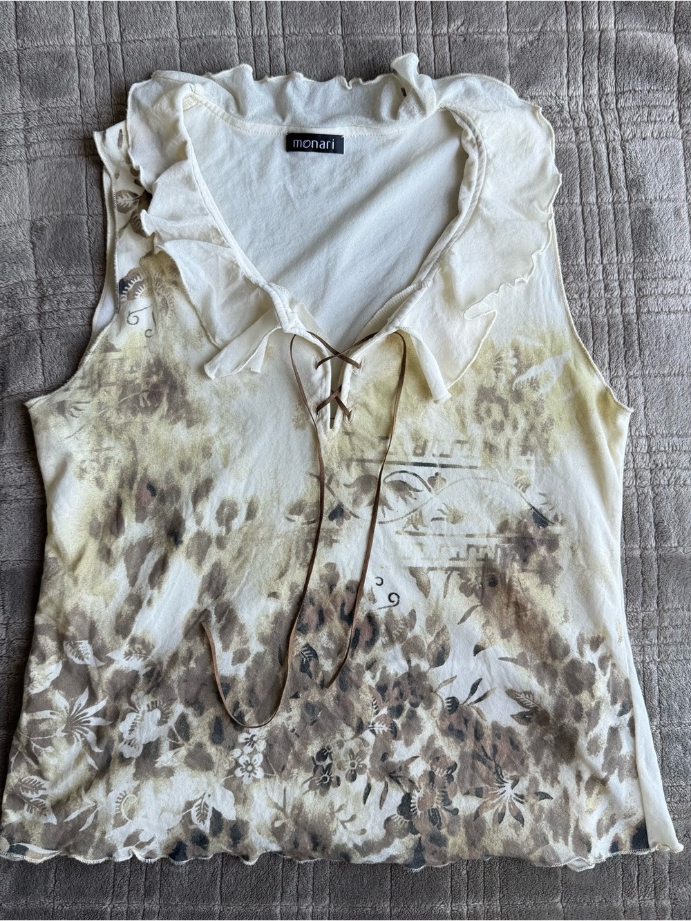 Euro Monari Cream Floral Ruffle-Neck Sleeveless Top